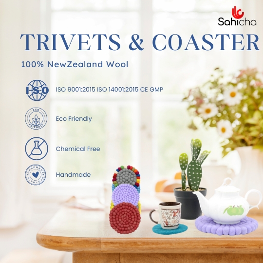 White Design Handmade Coaster -100% NZ Wool, Set of 6 - Image 4
