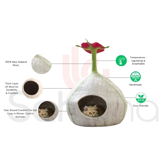 Blossom Bud Felt Cat Cave – Handcrafted in 100% NZ Wool - Image 3